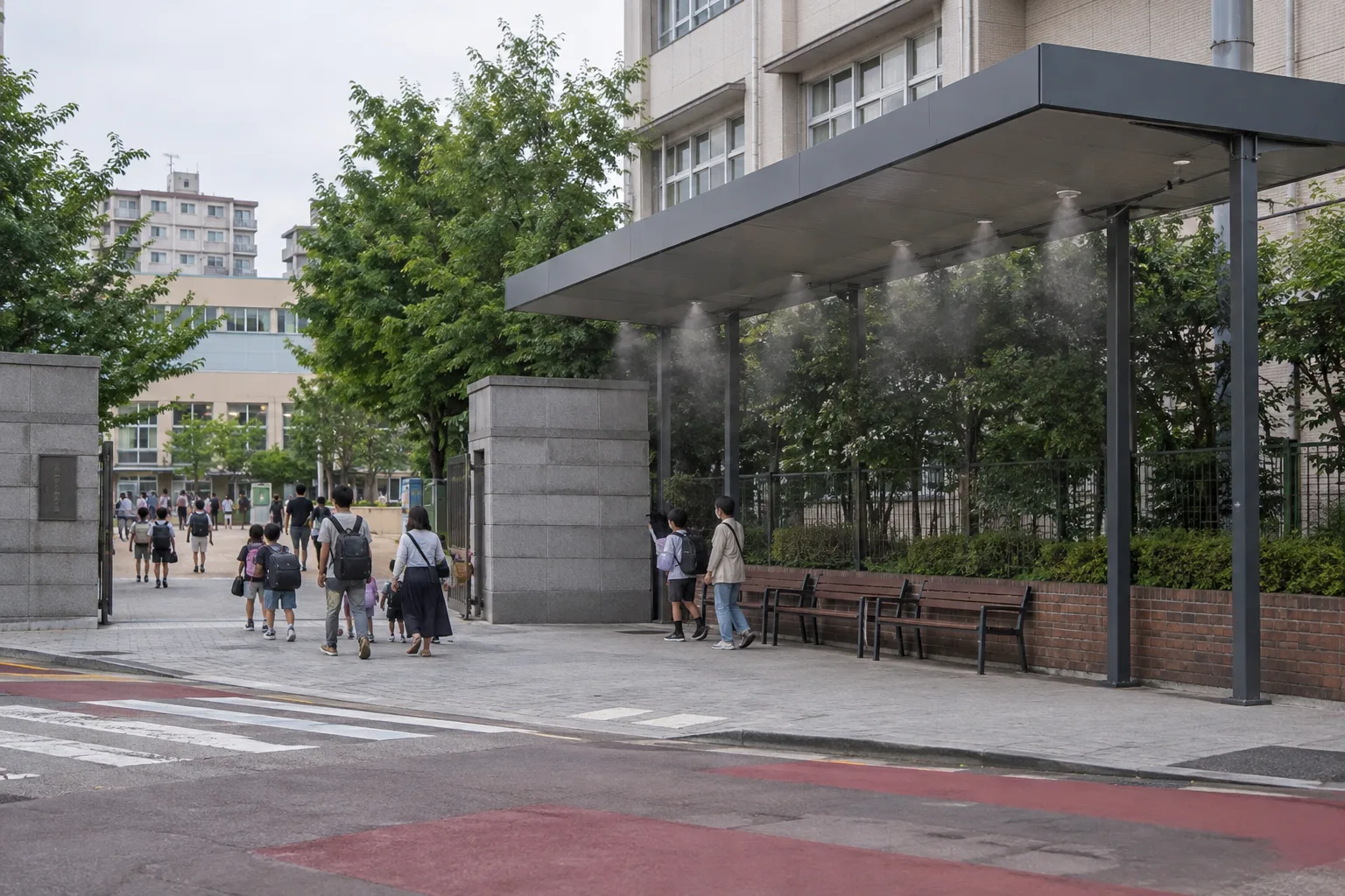 학교 정문 주변의 학생 대기공간에 쿨링포그를 적용한 예시