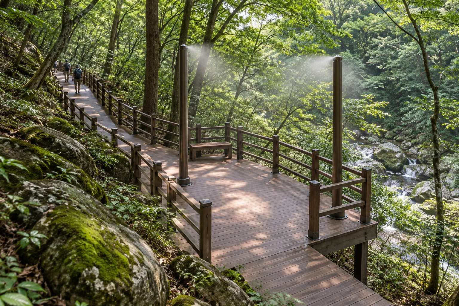 숲속 산길 데크 쉼터에 높은 분사 기둥을 둔 활용 이미지